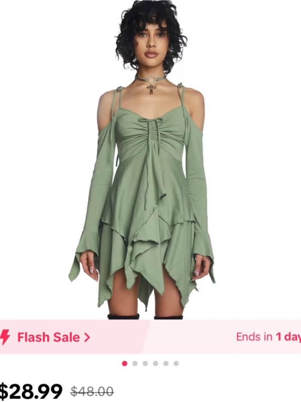 Dolls Kill Sage Green Cold-Shoulder Handkerchief Mini Dress
